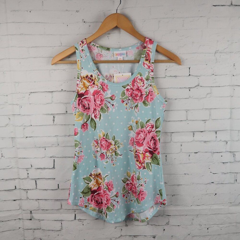LULAROE BLUE WITH PINK FLORAL TANK TOP WITH ROUNDED HEM SIZE XS